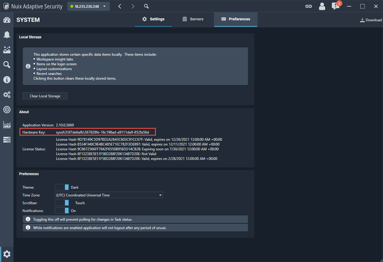 Nuix Adaptive Security application System Preferences page. 